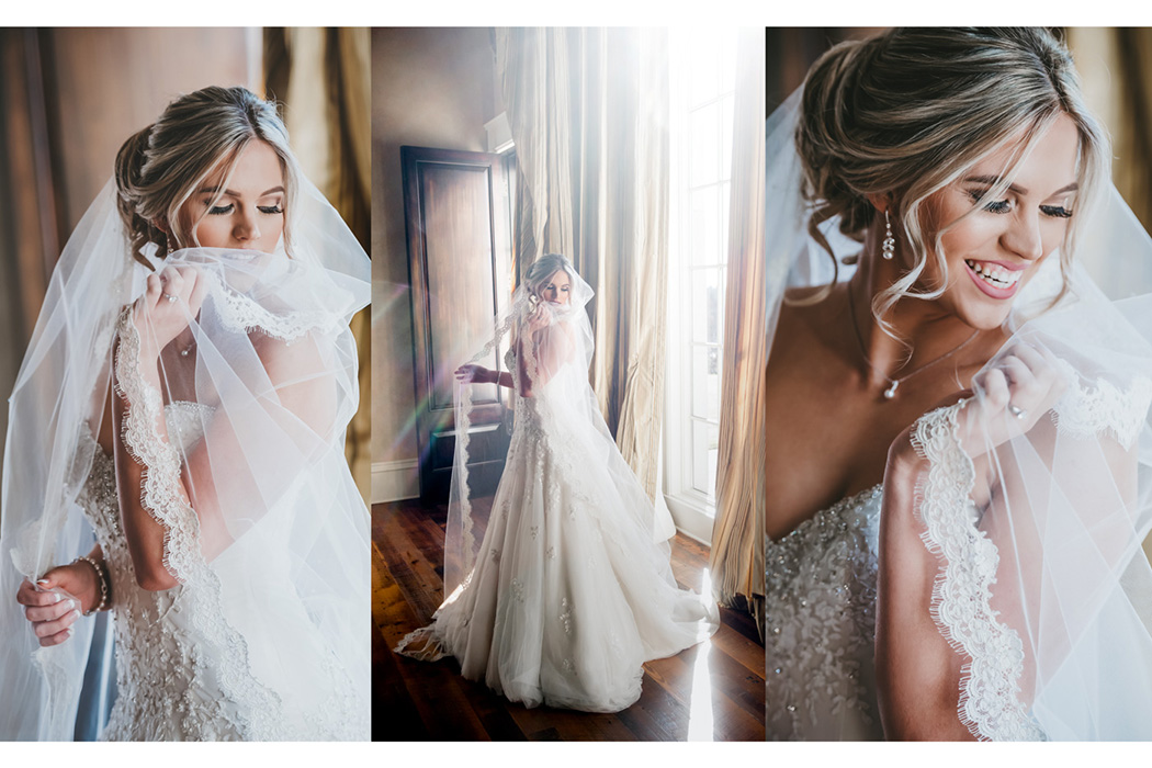 Bridal portraits of a bride standing in the sunshine streaming through the windows.